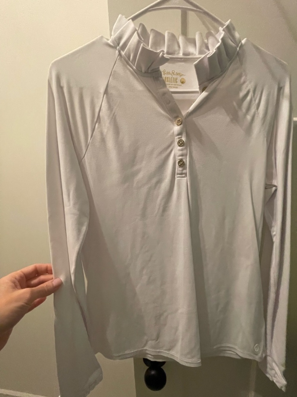 Lilly Pulitzer White Ruffle Neck Long Sleeve Polo
